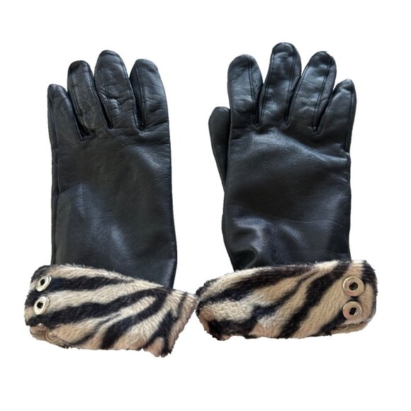 Altare Black Genuine Leather Gloves with Zebra Print Accents Women's LG - Picture 1 of 6